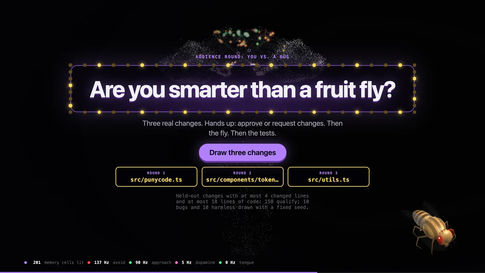 The audience round slide: "Are you smarter than a fruit fly?" in a lit marquee, with three slot-machine reels landed on three source files.